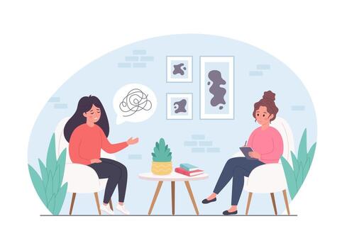 commercial-plumbing woman talking with psychologist psychology therapy mental health depression vector